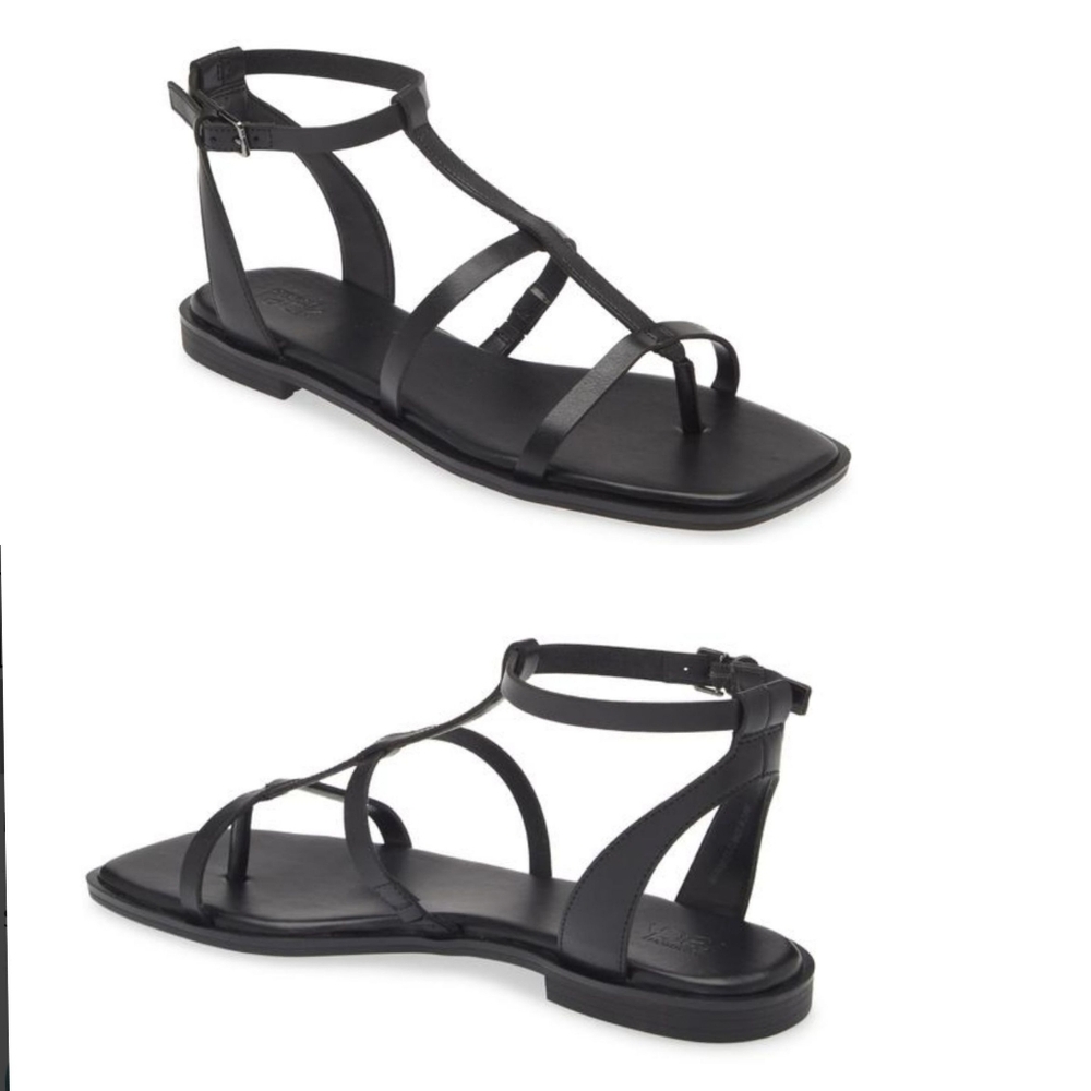 RKHAYES Black Strappy Gladiator‎ Sandals Square Toe Ankle Buckle Flat 7.5M